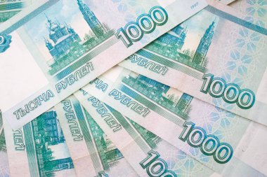 para Rus banknotlar bin ruble bir demet kadar yakın iş, finans, bankacılık ve insanlar kavramı - kaydetme