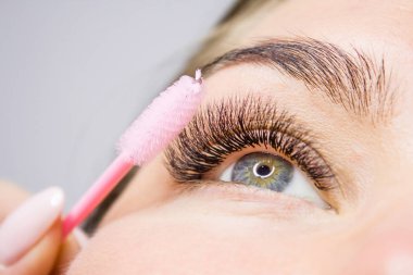 Güzellik ve moda kavramı - kirpik uzatma yordamı. Kadın uzun yanlış Eyelashes gözle. Atış makroyu kapatın