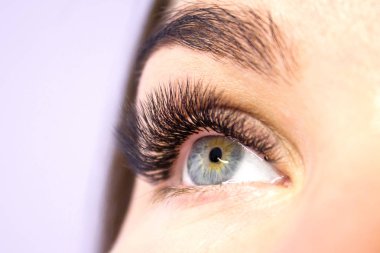Kirpik uzatma yordamı. Kadın uzun yanlış Eyelashes gözle. Moda gözleri visagein güzellik salonu içinde makro çekim kapatın.