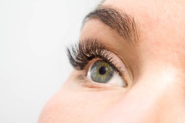 Güzellik ve moda kavramı - kirpik uzatma yordamı. Kadın uzun yanlış Eyelashes gözle. Atış makroyu kapatın
