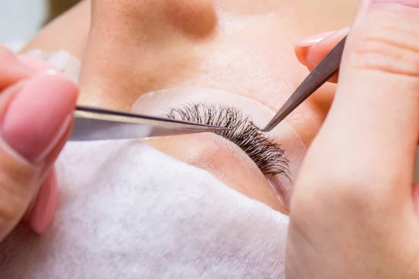 Güzellik ve moda kavramı - kirpik uzatma yordamı. Kadın uzun yanlış Eyelashes gözle. Cımbız üstadı çalışıyor.