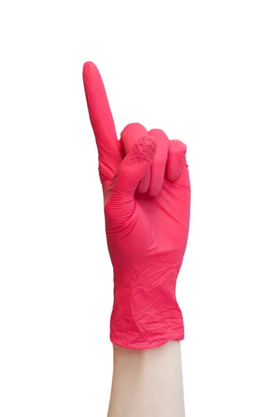 用红色的医疗手套做的记号 手指符号一 被隔离在白色 维生素 疫苗接种 害怕注射 医疗商店 适当的营养概念 — 图库照片