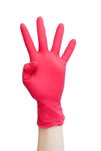 用红色的医疗手套做的记号 手指符号五 被隔离在白色 维生素 疫苗接种 害怕注射 医疗商店 适当的营养概念 — 图库照片