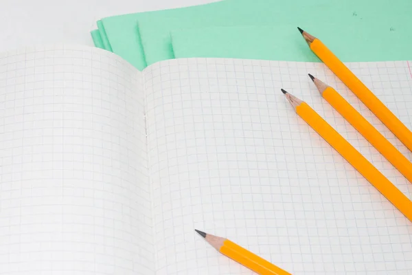 Volta Escola Conceito Educação Lápis Laranja Perto Notebook Sobre Fundo — Fotografia de Stock