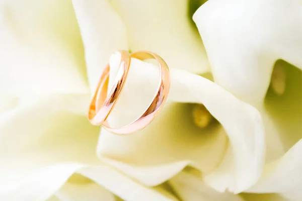Hochzeitssymbole Zwei Goldene Ringe Mit Callas Weißen Blumen Liebe Familie — Stockfoto