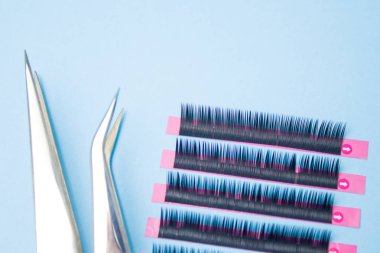 Güzellik ve moda kavramı - kirpik uzatma yordamı için araçlar. İki cımbız ile mavi arka plan üzerinde yapay siyah kırbaç. boşaltmak mockup