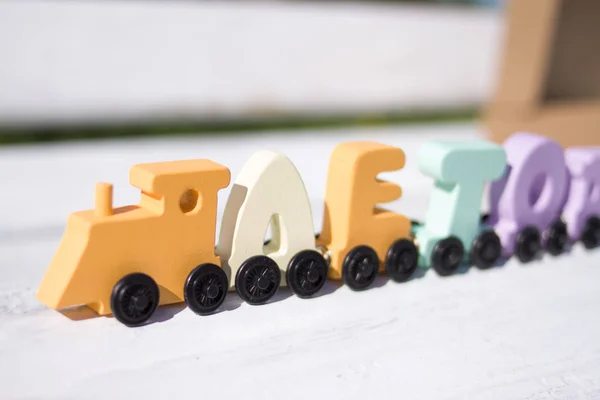 Russian Wooden Letters Train Word Summer Pastel Shades Colors White — Stock Photo, Image