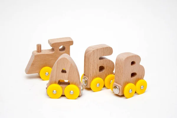 Russian Wooden Letters Train Alphabet Yellow Wheels White Background Early — Stock Photo, Image
