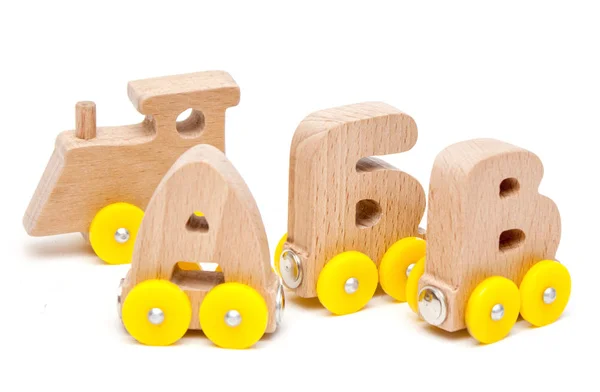 Russian Wooden Letters Train Alphabet Yellow Wheels White Background Early — Stock Photo, Image