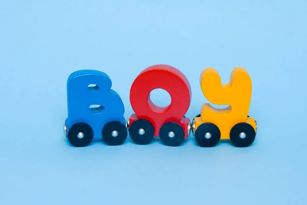 Word Boy Made Letters Train Alphabet Bright Colors Red Yellow — Stock Photo, Image