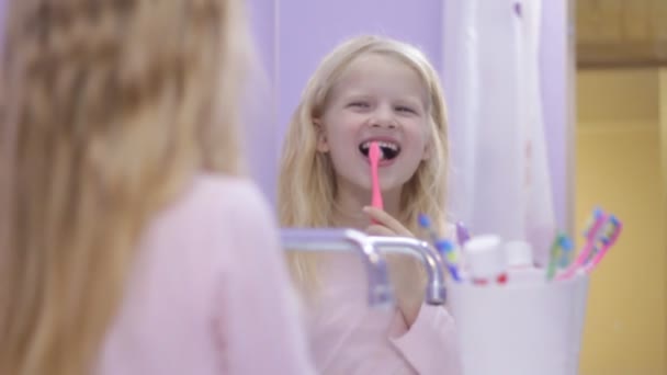Happy Blonde Child Kid Girl Laughing Brushing Teeth Toothpaste Health — Stock Video