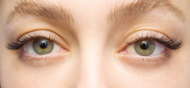 Kirpik uzatma yordamı. Kadın uzun yanlış Eyelashes gözle. Moda gözleri visagein güzellik salonu içinde makro çekim kapatın.