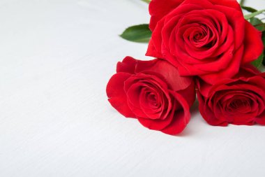 Beyaz ahşap zemin üzerinde üç kırmızı gül. kopya alanı - Sevgililer ve 8 Mart anne kadın gün kavramı