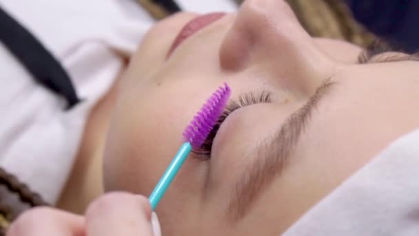 Eyelash Extension Procedure Woman Eye Long False Eyelashes Closeup Macro — Stock Video