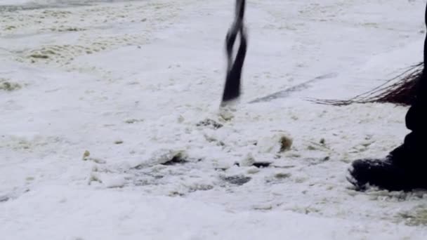 Service Company Cleans Yard House Pavements Snow Ice Two Men — Stock Video