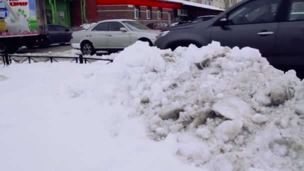 サービス会社は 雪と氷から家の庭と舗装をきれいにします 歩道に雪が積もる — ストック動画