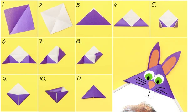 How to make Origami paper bookmark form of bunny for Easter greetings. Children\'s art project. DIY concept. Step by step photo instruction.