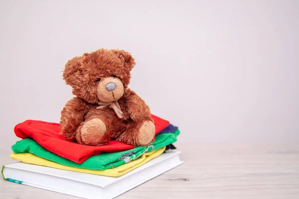 Adomány fogalma. Gyermekruházat, könyvek, iskolai kellékek és játékszerek dolgokat adományoz. Teddy bear. Copyspace szöveg. — Stock Fotó