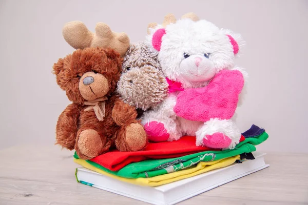 Donation concept. Donate box with kids clothes, books, school supplies and toys. Teddy bear with big pink heart in hands. Copyspace for text.