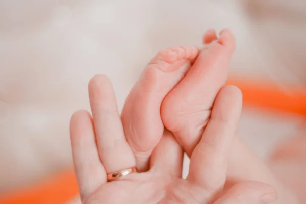 Gravidez, maternidade, preparação e expectativa maternidade, dando à luz conceito. recém-nascido bebê pés em mãos de mamãe — Fotografia de Stock