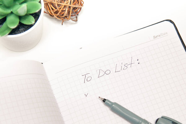 text to do list written on opened notebook, sketchbook, succulent on white background. Flat lay, top view office table desk. Freelancer working place. copyspace