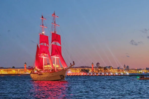 Sailfish Scarlet Sails. Show on the Neva river at white night festival, Ship and lights. Holiday for school graduates. Russia St.Petersburg 22 jun 2019