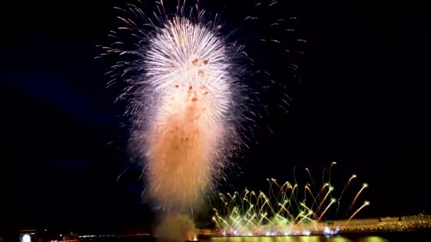 Fuegos Artificiales Multicolores Iluminando Cielo Deslumbrantes Fuegos Artificiales Irradian Horizonte — Vídeos de Stock