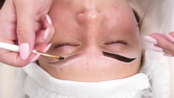 Maquilagem permanente de sobrancelhas de mulher com sobrancelhas grossas no salão de beleza. Closeup esteticista fazendo coloração tatuagem sobrancelha — Vídeo de Stock