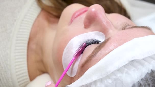 Closeup eyelash extension Procedure. beautician combs ready-made long artificial eyelashes after the extension procedure woman client in beauty salon. 4k footage — Stock Video