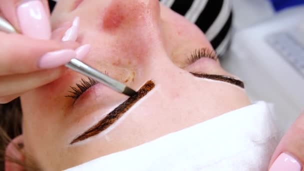 Maquilagem permanente de sobrancelhas de mulher com sobrancelhas grossas no salão de beleza. Closeup esteticista fazendo coloração tatuagem sobrancelha — Vídeo de Stock