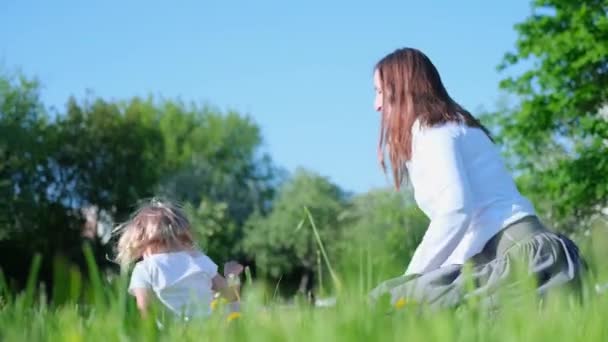 4K. Mãe feliz e filhinha brincando se divertindo ao ar livre no parque no verão. Estilo de vida familiar. Mãe descansando juntos na grama verde . — Vídeo de Stock