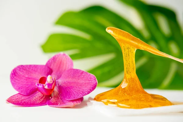 Pasta de azúcar o miel de cera para eliminar el cabello fluye hacia abajo de palitos de espátula de cera de madera. fondo de flores - depilación y concepto de belleza —  Fotos de Stock