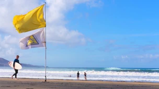 Ο άνθρωπος σέρφερ με ιστιοσανίδα περπατά κατά μήκος του ωκεανού με μεγάλα κύματα. Κίτρινη προειδοποιητική σημαία που κυματίζει δυνατά. 22 nov 2019 Canarian Island Ισπανία — Αρχείο Βίντεο