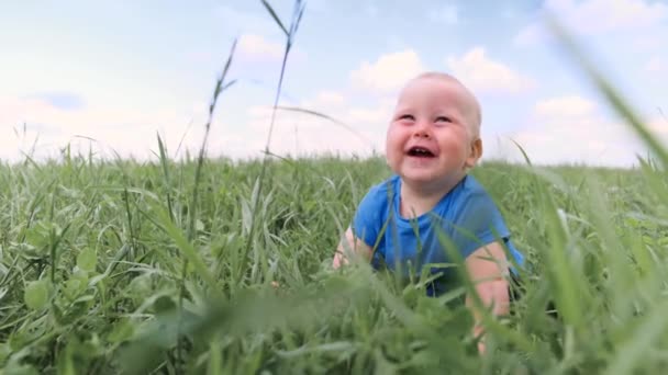 4k. Baby auf grünem Gras kriechend und breit lächelnd. Aufgeregt niedliches kleines kaukasisches Kind. Glückliche Kindheit und Babygesundheit. — Stockvideo