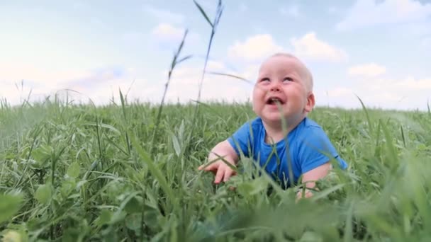 4k. baby sitter krypande på grönt gräs och ler brett. Spännande söt liten kaukasiska barn. Glad barn- och barnavård. — Stockvideo