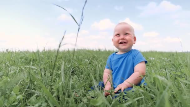 4k. baby sitter krypande på grönt gräs och ler brett. Spännande söt liten kaukasiska barn. Glad barn- och barnavård. — Stockvideo