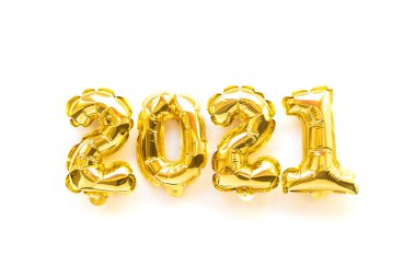 Folyo balonları 2021 numaralı formda. Yeni yıl kutlaması. Altın Hava Balonları. Tatil partisi dekorasyonu. Üst görünüm.