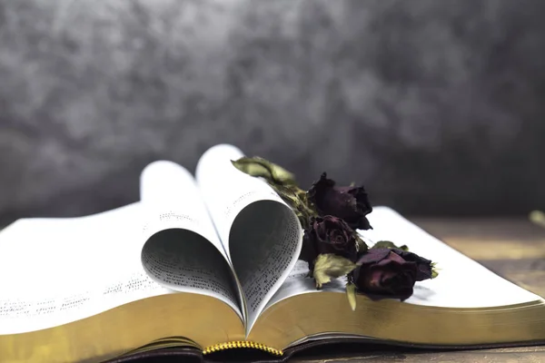 heart shape of holy bible book and dry rose for background