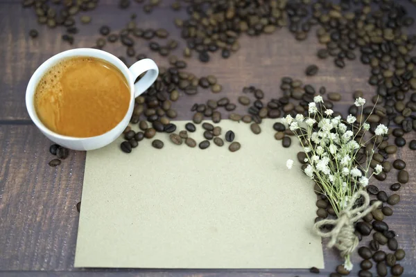 message card and roast coffee and cappuccino coffee for backgrou