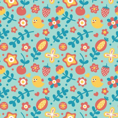 Kuş, çiçek, berry, çilek, renkli, kiraz, bitki, yaprak, doğa ile sorunsuz sevimli çiçek desenli