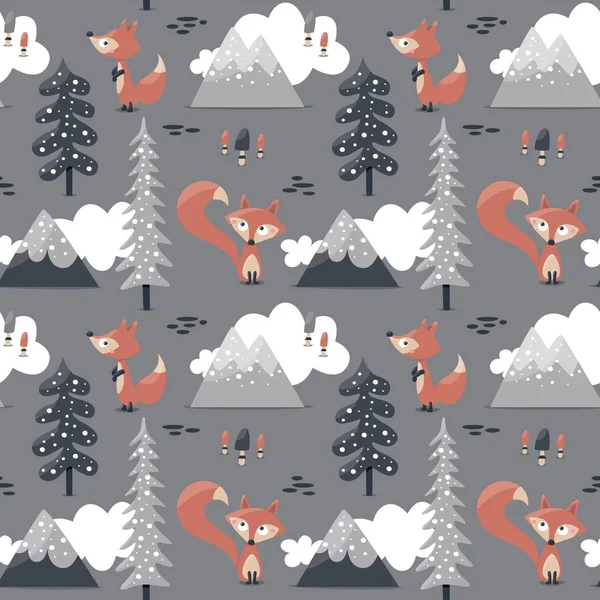 Sömlös söt skandinavisk mönster Fox Tree Mountains — Stock vektor