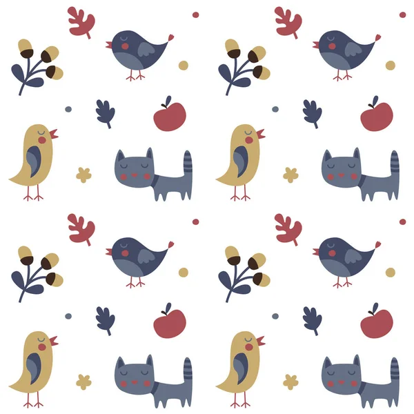 Modèle d'automne animal mignon sans couture fait avec chat, oiseau, fleur, plante, feuille, cerise — Image vectorielle