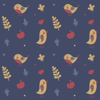 Kuş, çiçek, bitki, yaprak, kiraz ile yapılan dikişsiz sevimli hayvan sonbahar deseni