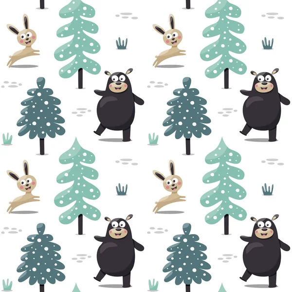 Zökkenőmentes aranyos mintás medve nyúl nyúlfa hegyek — Stock Vector