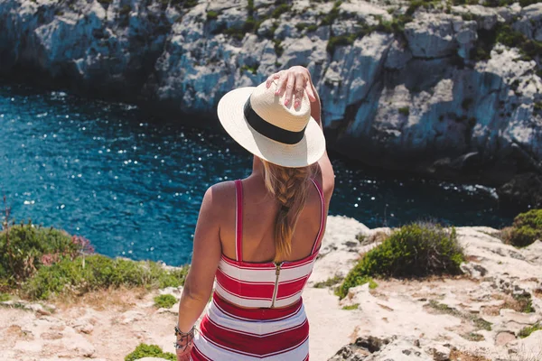 Woman Hat Delighting Mediterranean Scenery Back View Malta Royalty Free Stock Photos