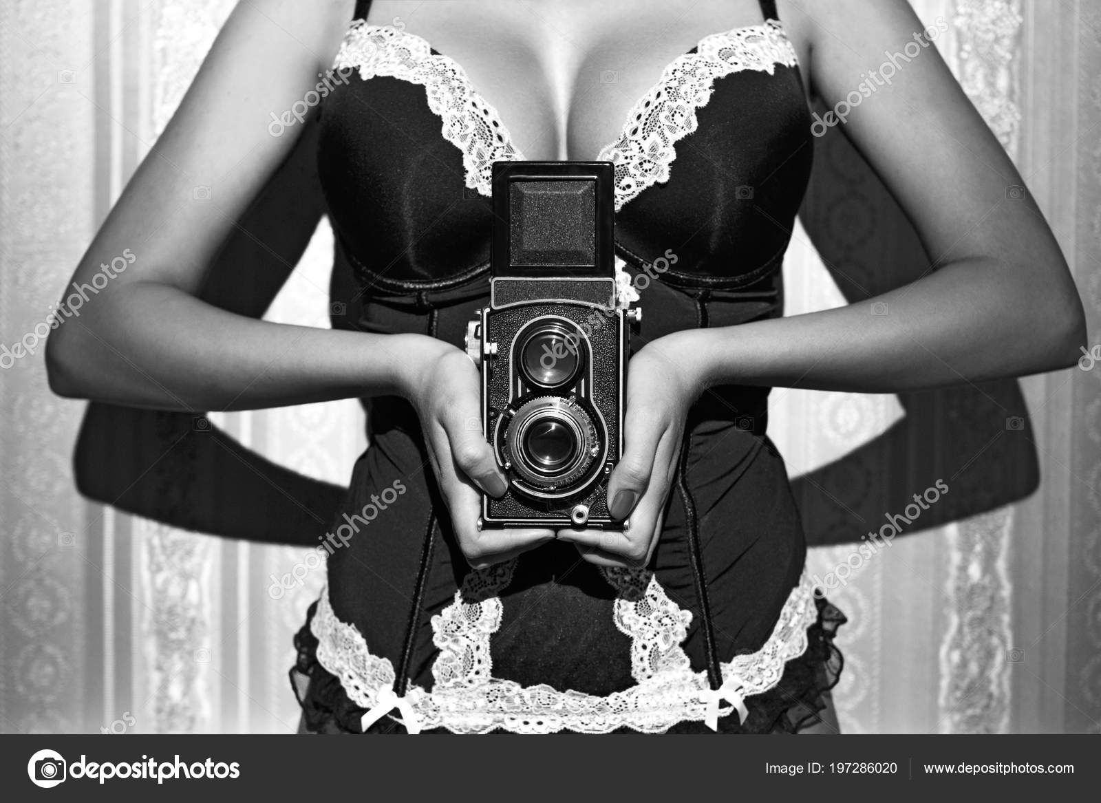 Sexy Woman Big Tits Corset Holding Old Film Camera Vintage Stock