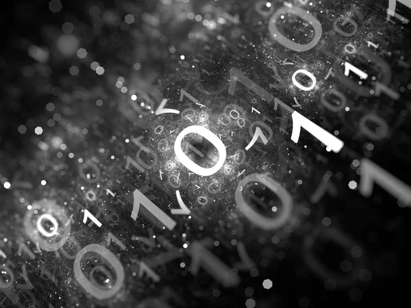 Binary code in space, black and white intensity map, 3D rendering