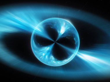 Blue glowing supermassive mysterios object in space gamma ray burst, computer generated abstract background, 3D rendering clipart