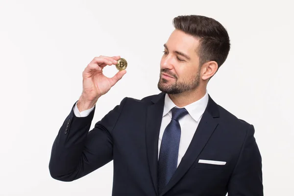 Young Bearded Stylish Businessman Holding Bitcoin Isolated White Background — Stock Photo, Image