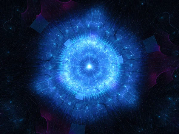 Uzayda mavi fütüristik parlayan mandala, bilgisayar arka plan, 3d render oluşturulan.